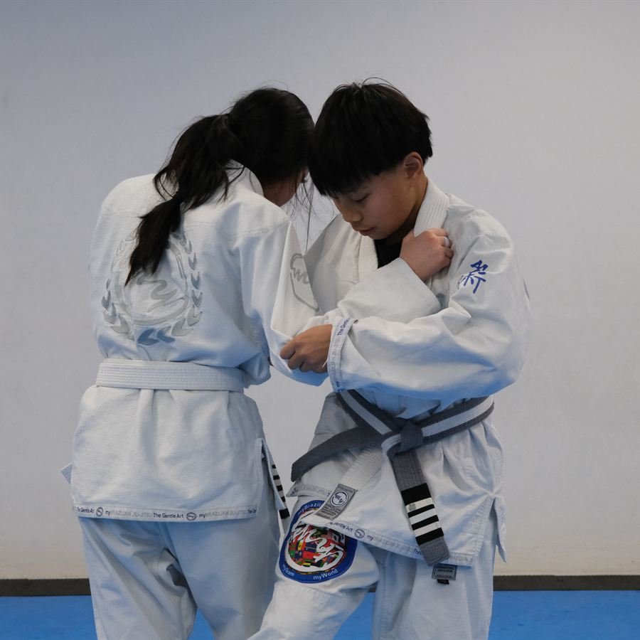 Two students gripping each other's gi collars before a drill