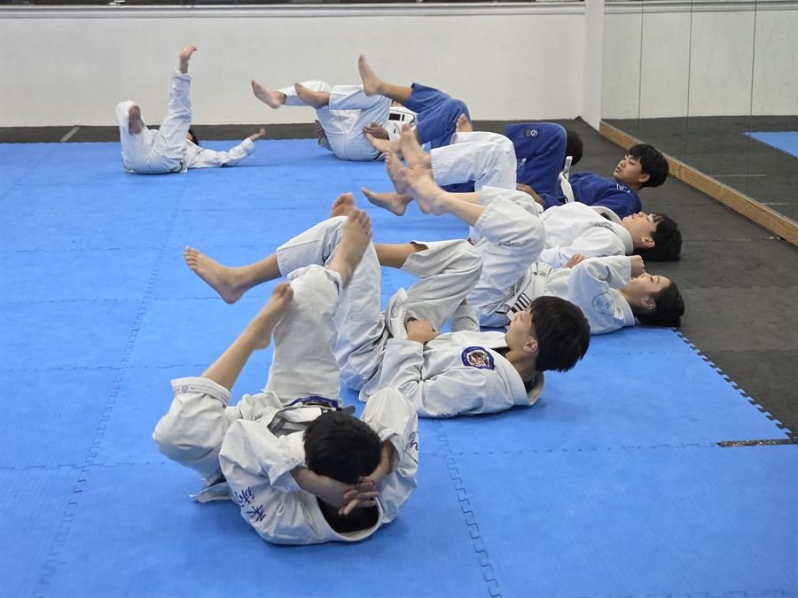 Pairs of students drilling in white gis on the blue mat
